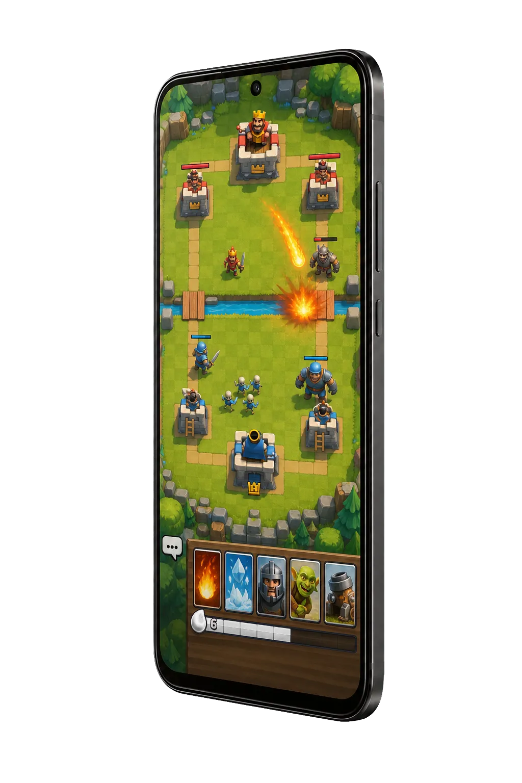 Floating stock Android phone running a native mobile arena game